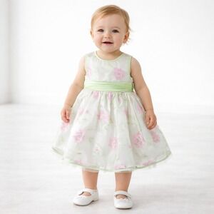 Bonnie Baby Girls Party Dress 12M Mint Pink Floral Tulle Easter Flower Girl